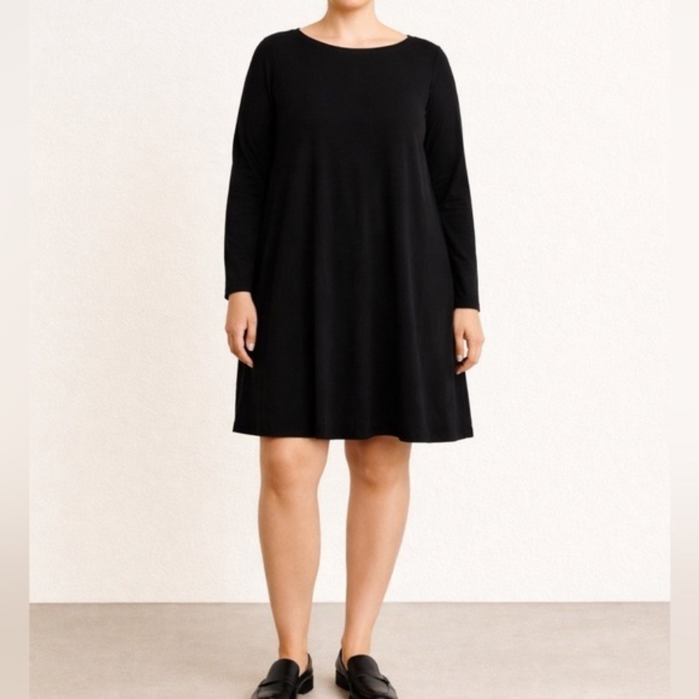 Eileen Fisher Black Stretch Viscose Tunic Boat Neck Long Sleeve Minimalist Dress